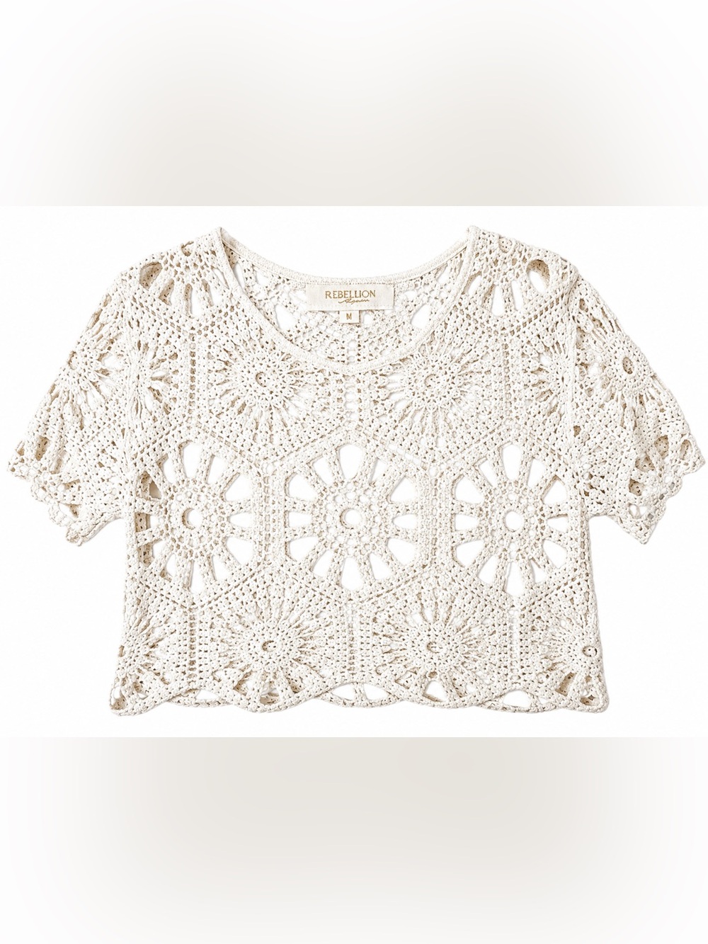 Rebellion Again Crochet Lace Top Boho Coastal‎ Cowgirl Festival Cover Up Medium